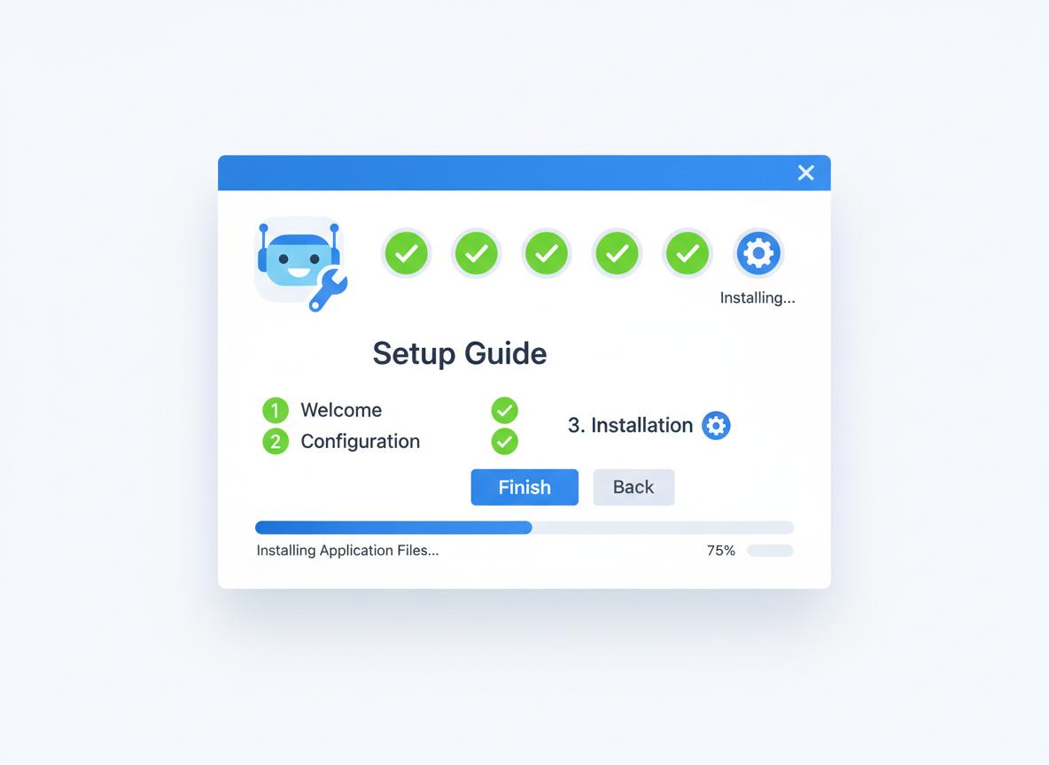 软件安装向导界面概念图，展示进度条和完成步骤